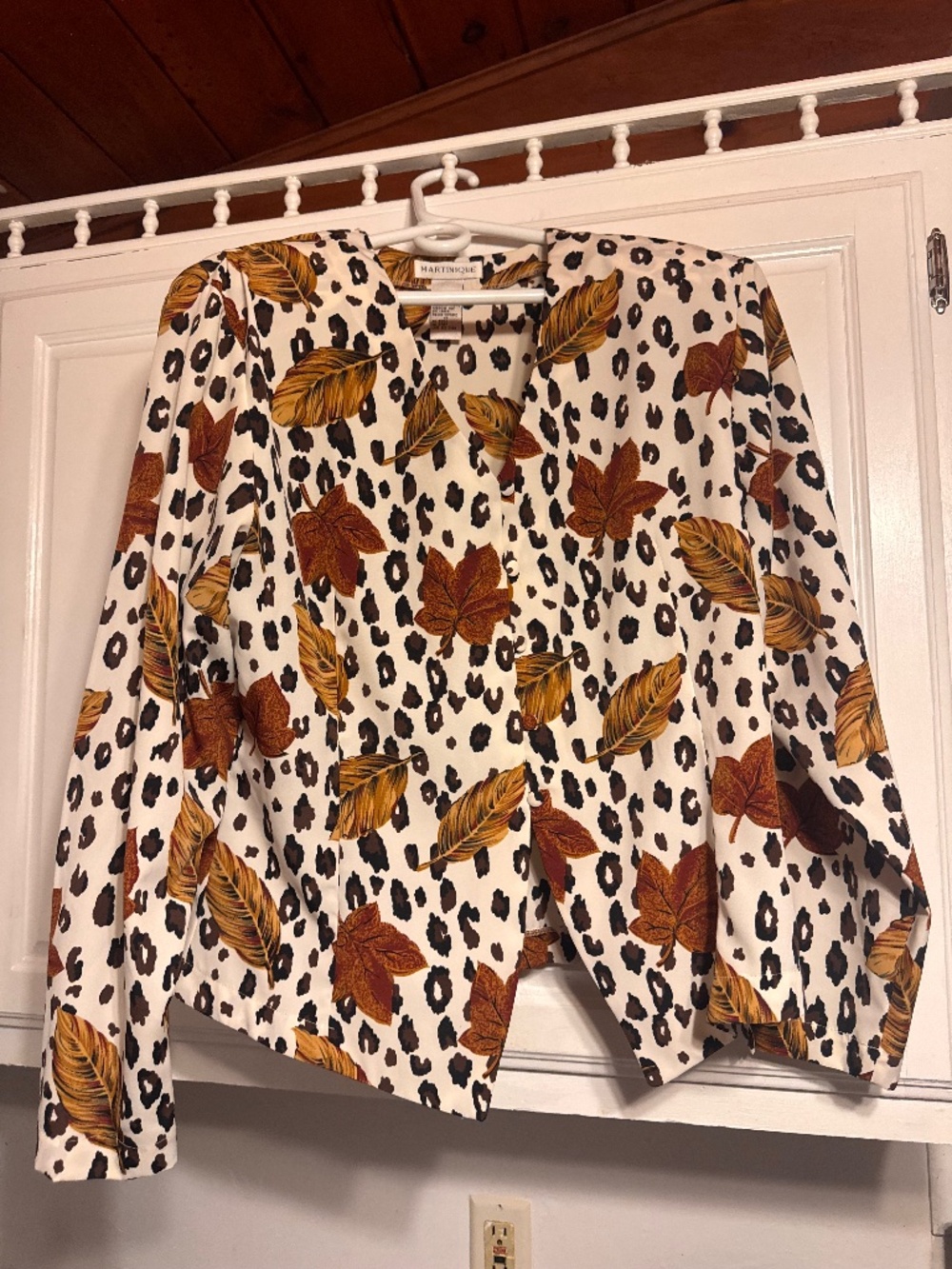 vintage Martinique blouse white base with a leopard overlaid brown autumn leaves